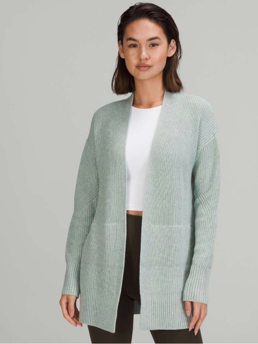 Lululemon Cashlu Sweater Wrap Heathered Silver Blue Green Cardigan Knit Sz M-L